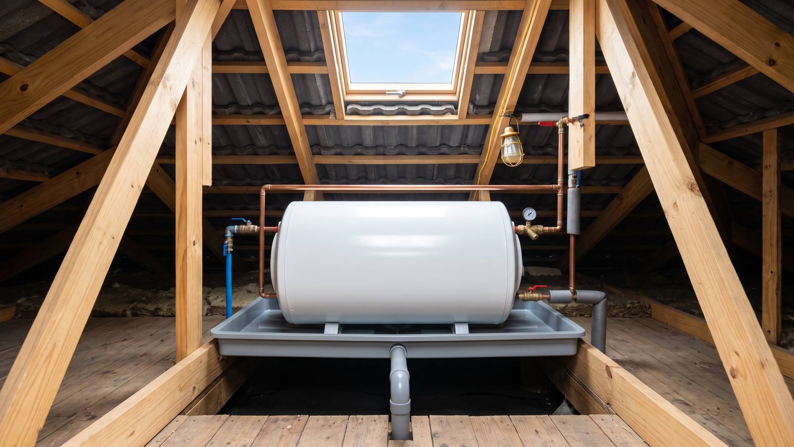 A white horizontal electric geyser on a drip tray in a clean roof space between timber trusses, with copper pipes and valves fitted.