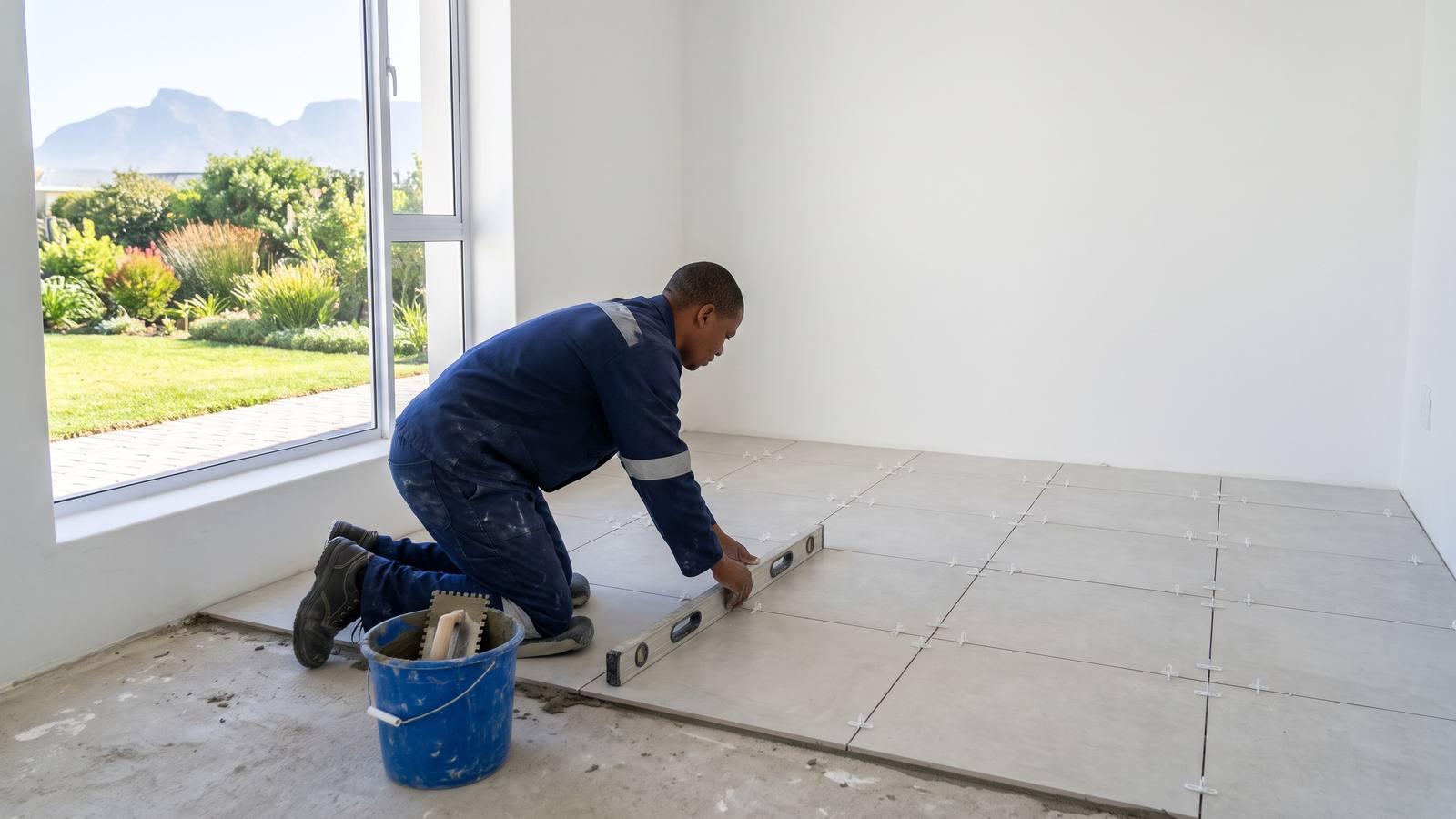 A tiler in navy overalls, side-on, setting a large-format light porcelain floor tile with spacers and a level in an empty, bright room.