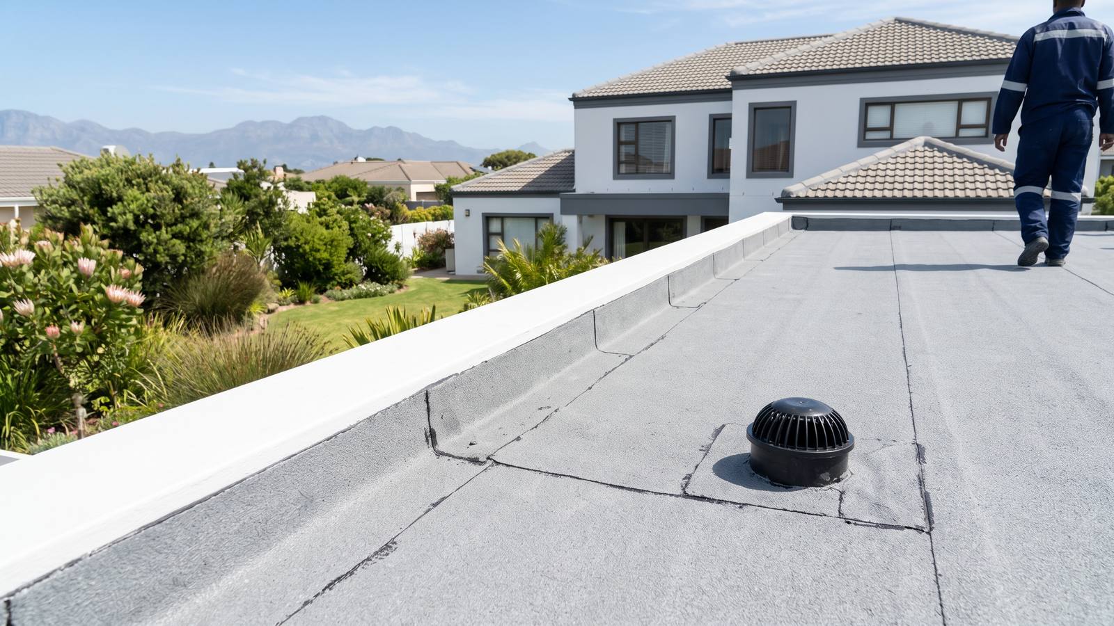 A newly laid grey torch-on waterproofing membrane on a flat concrete roof, turned up a white parapet wall to an outlet, under a clear blue sky.