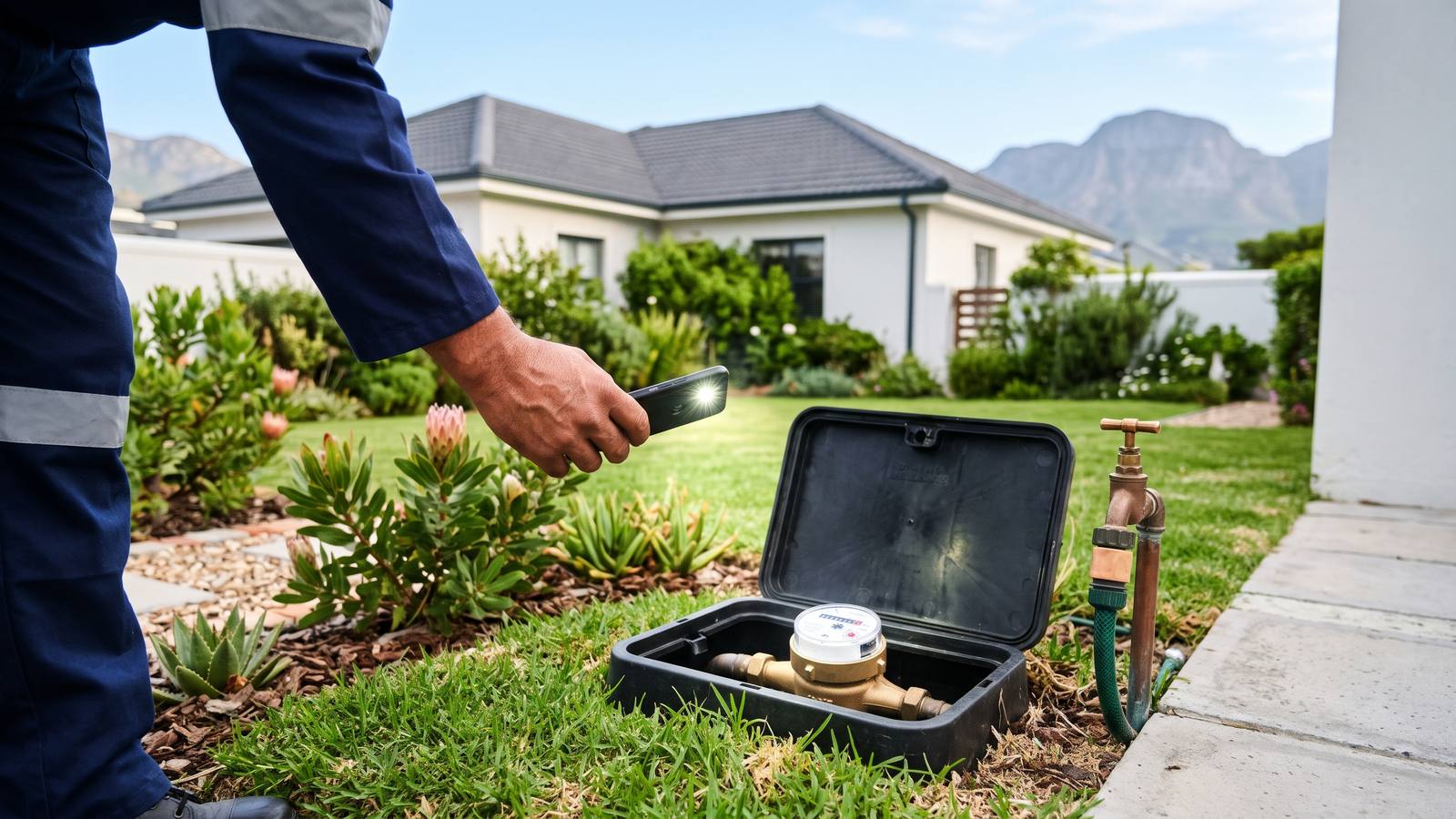 A hand holding a phone torch over a municipal water meter in a neat garden box, reading the dials for a leak test at a Cape Town home.