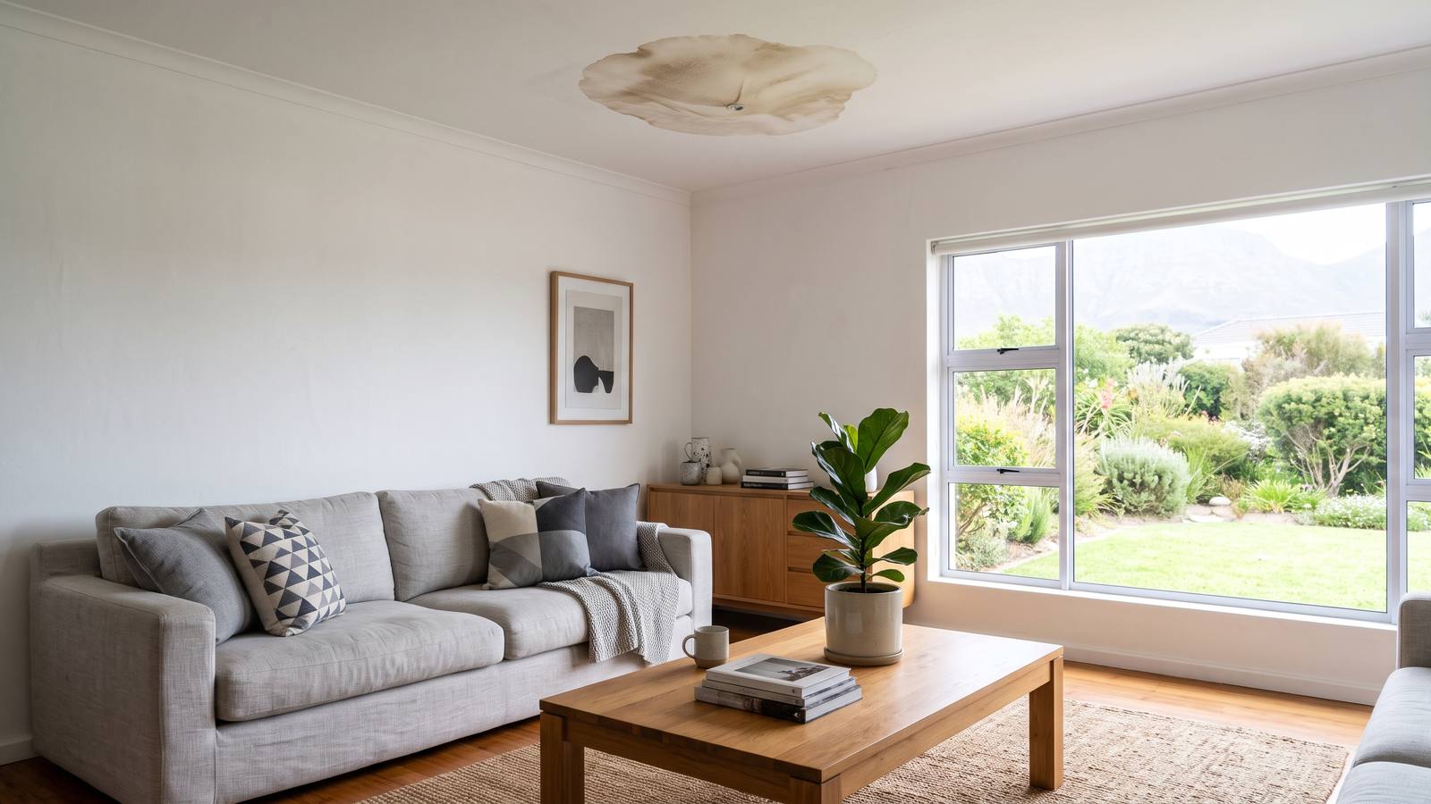 A brown water stain spreading across a white ceiling board above a tidy living room with a sofa and pot plant, the sign of a leak above the ceiling.