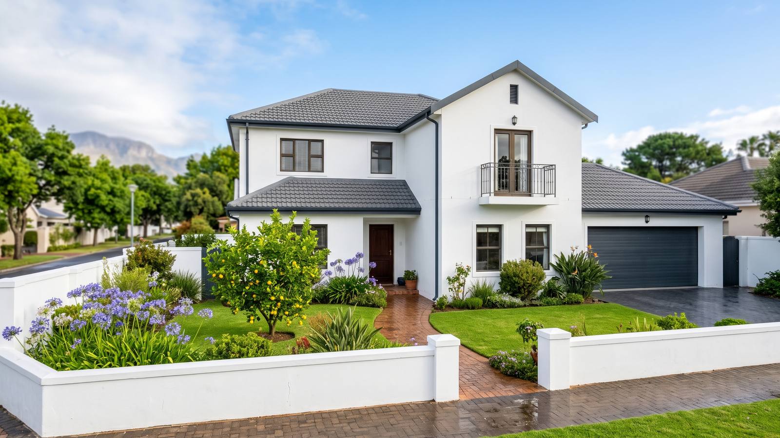 A white plastered double-storey family home in Cape Town with a grey concrete-tile roof, neat gutters, a green lawn and agapanthus along the path.